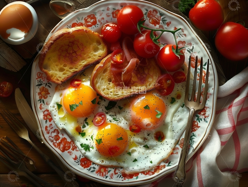 高清大图下载【趣麦麦图】煎蛋配烤面包和樱桃番茄