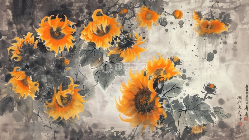 高清大图下载【趣麦麦图】水墨画中的向日葵