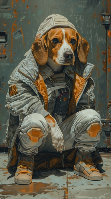 穿着宇航服的比格犬蹲坐街头