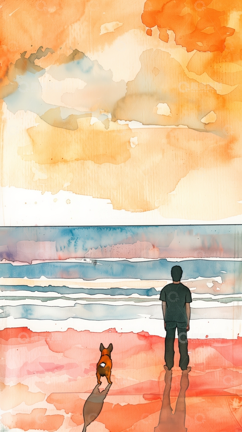 高清大图下载【趣麦麦图】海边日落，人与狗的剪影