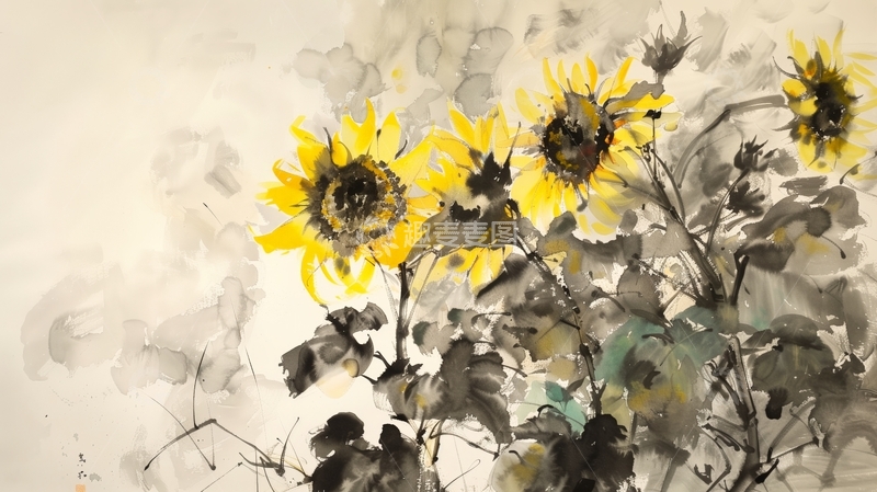 高清大图下载【趣麦麦图】水墨风格向日葵