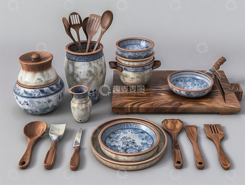 高清大图下载【趣麦麦图】陶瓷餐具与木质厨具组合展示