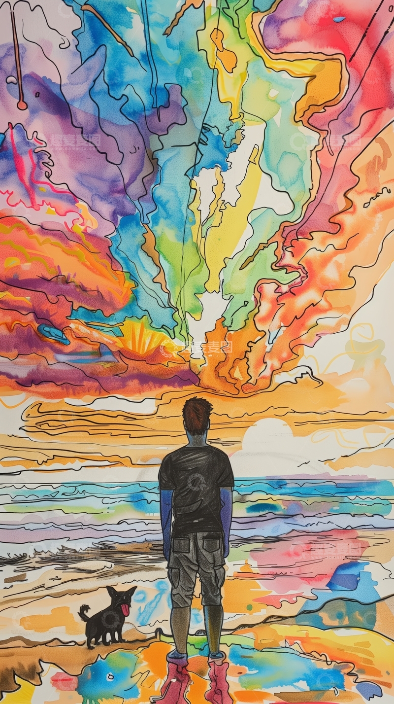 高清大图下载【趣麦麦图】海边观景，色彩斑斓的天空