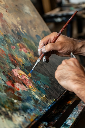 画家手持画笔在画布上创作