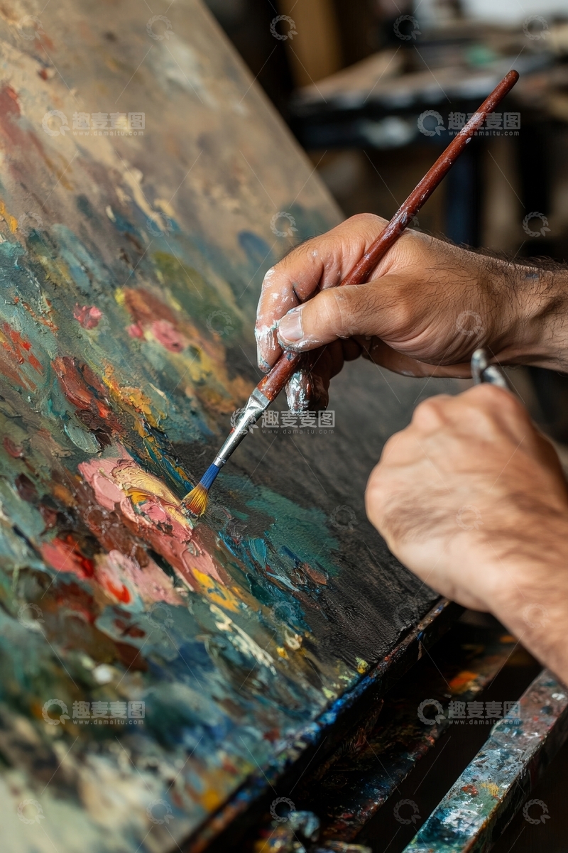高清大图下载【趣麦麦图】画家手持画笔在画布上创作