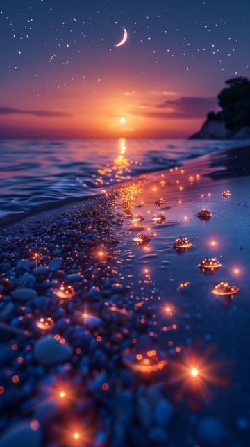 星空下的海滩灯火