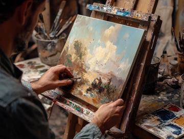 画家在画架前创作油画