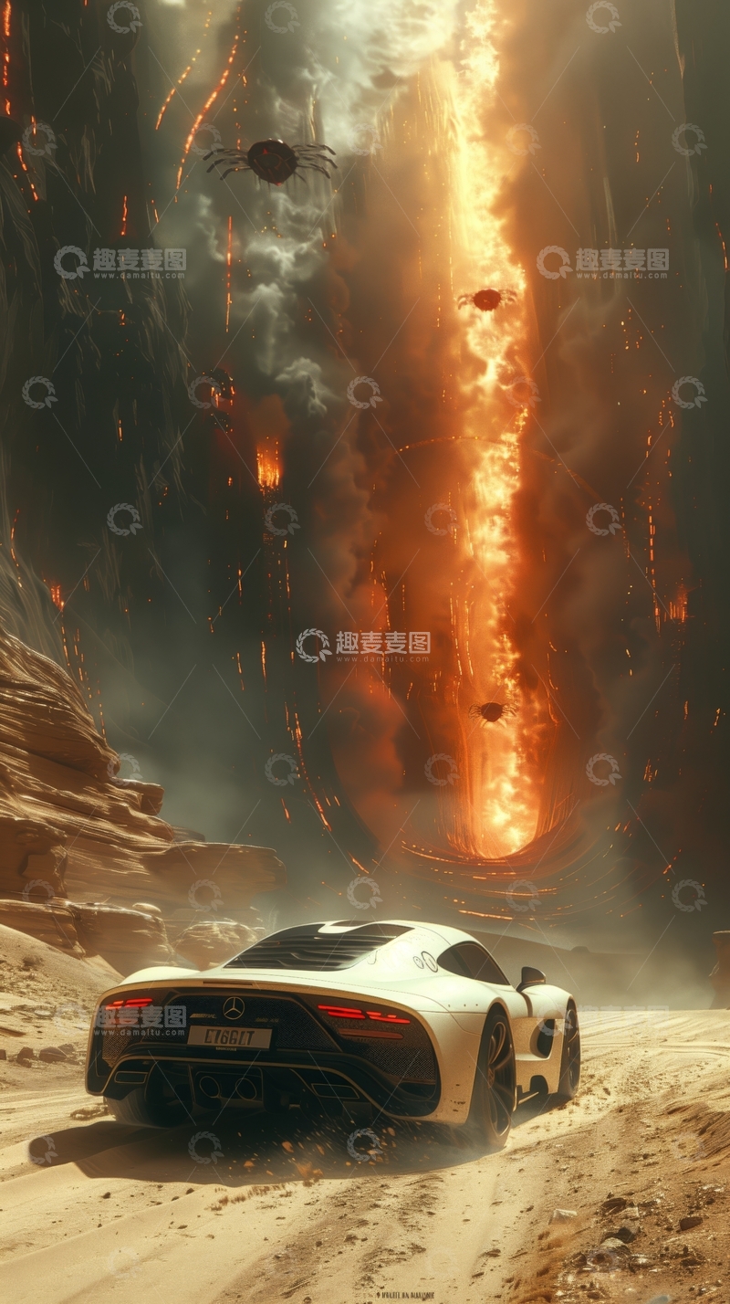 高清大图下载【趣麦麦图】赛车穿越火山爆发的荒漠