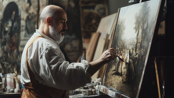 画家专注创作油画作品