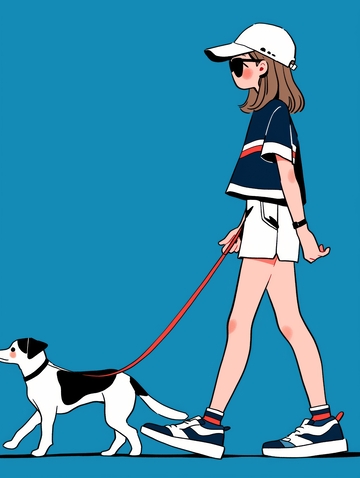女孩牵着小狗散步