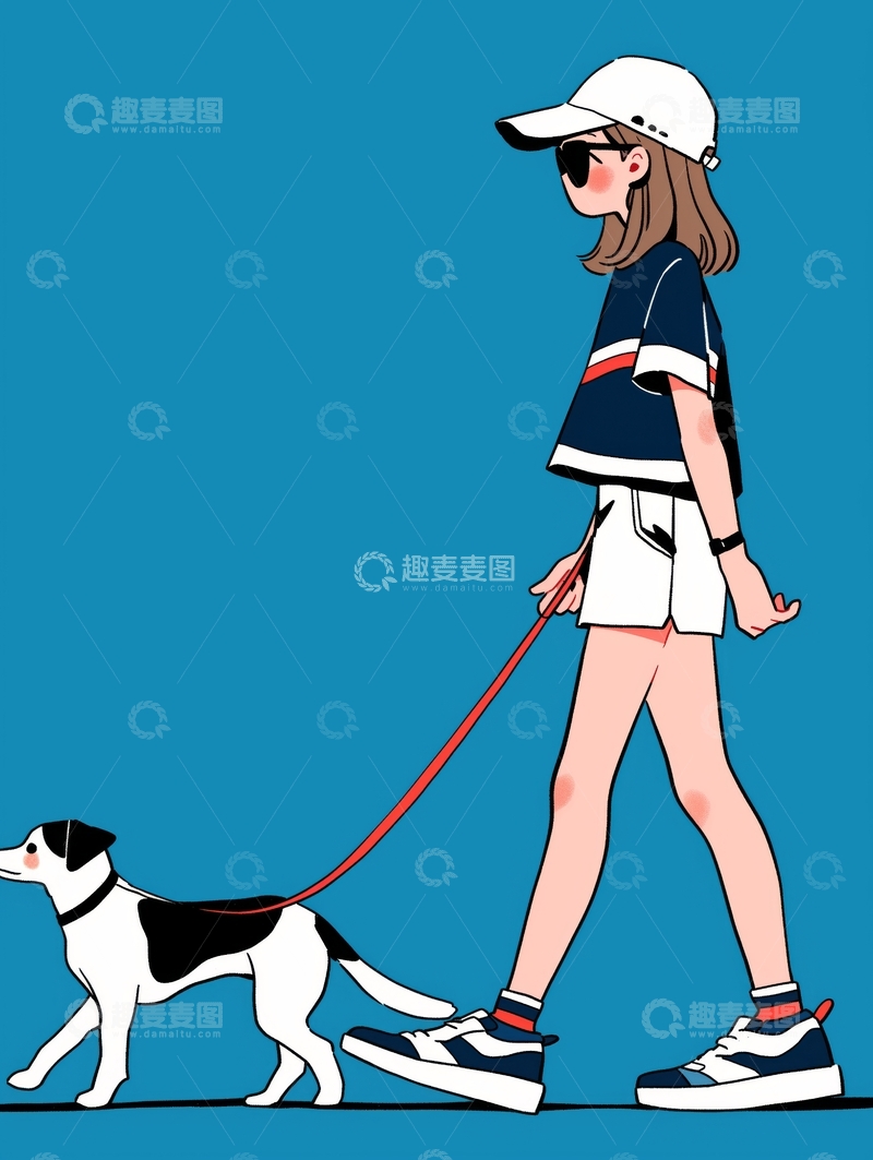 高清大图下载【趣麦麦图】女孩牵着小狗散步