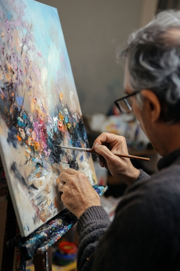 画家专注创作抽象油画