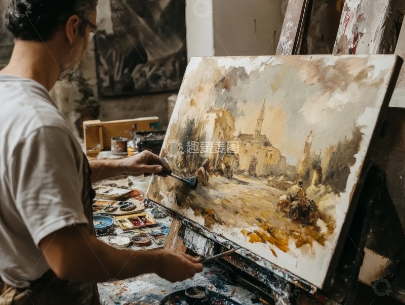 高清大图下载【趣麦麦图】画家在工作室创作油画