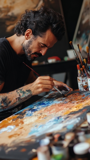 画家专注创作抽象画作