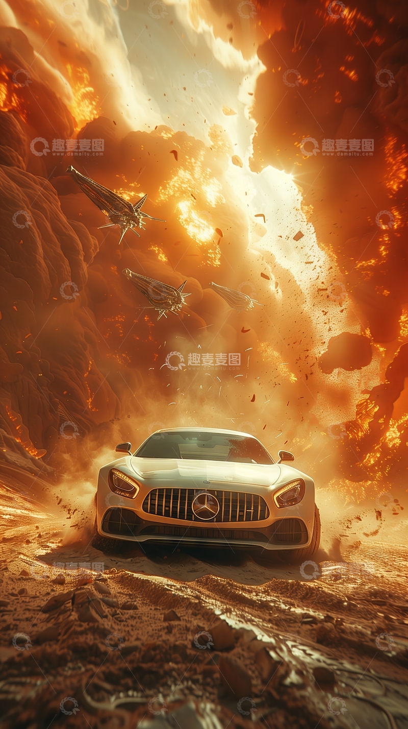 高清大图下载【趣麦麦图】豪车疾驰于爆炸火海之中