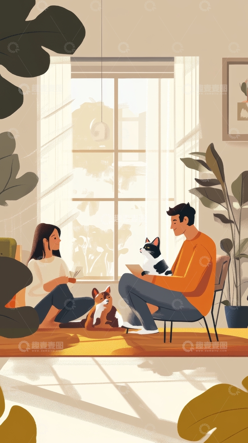 高清大图下载【趣麦麦图】室内温馨场景：两人与宠物共度时光