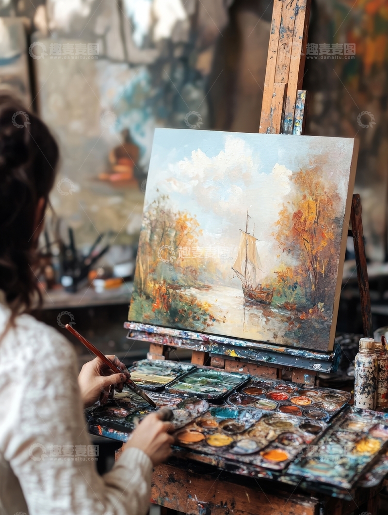高清大图下载【趣麦麦图】画家在工作室创作风景油画