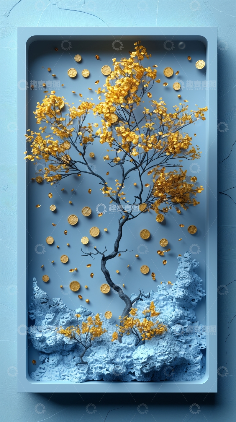 高清大图下载【趣麦麦图】金色树叶与蓝色岩石的抽象艺术