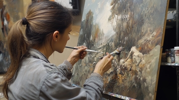 画家专注创作山水油画