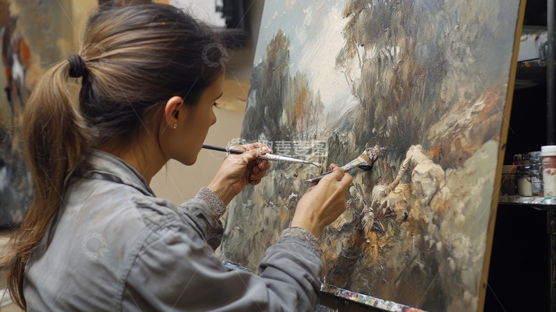 高清大图下载【趣麦麦图】画家专注创作山水油画