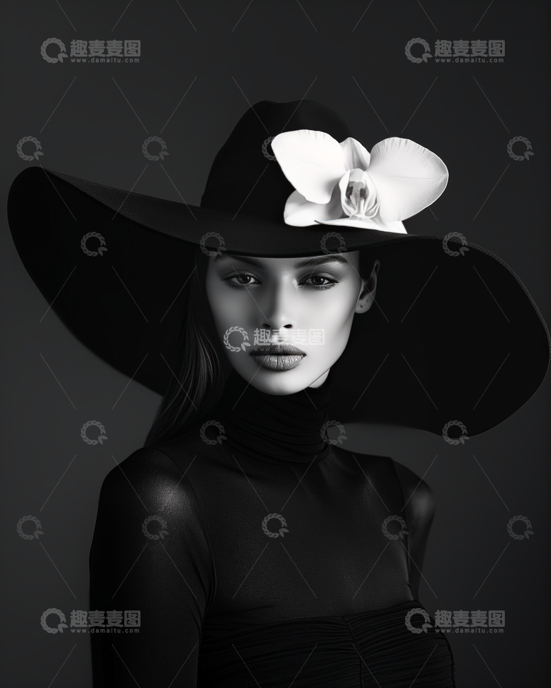 高清大图下载【趣麦麦图】黑白色调中的宽檐帽与白花