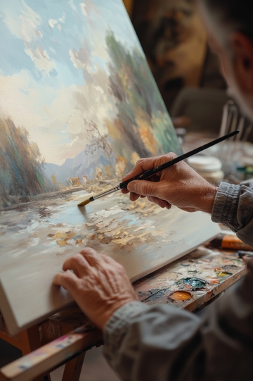 画家细致描绘山水风景