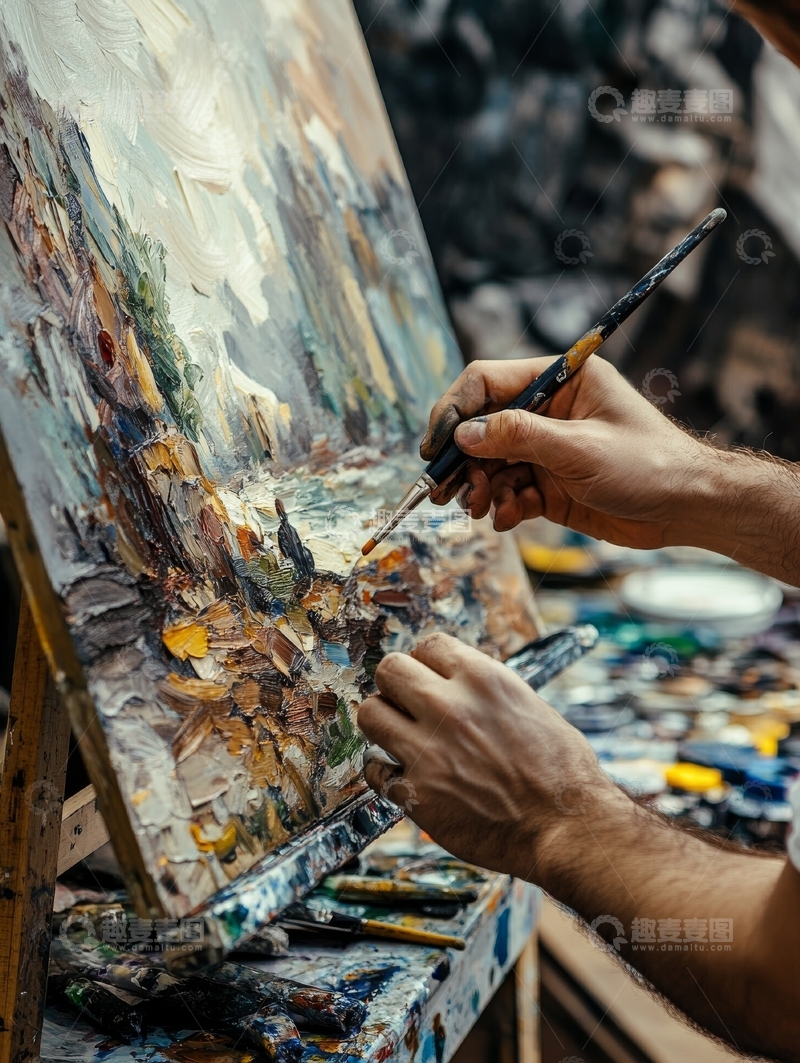 高清大图下载【趣麦麦图】画家在画布上创作油画