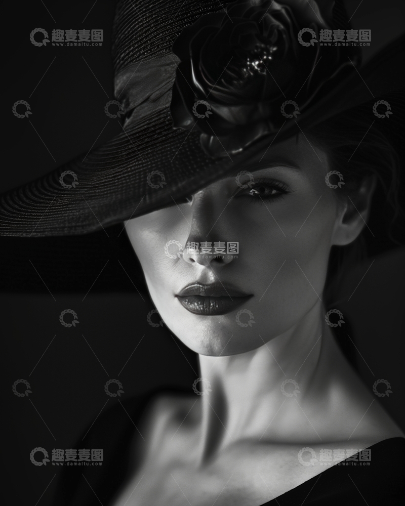 高清大图下载【趣麦麦图】黑帽玫瑰装饰的女性肖像