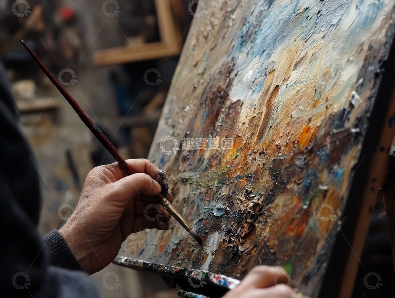 高清大图下载【趣麦麦图】画家手持画笔在调色板上调色