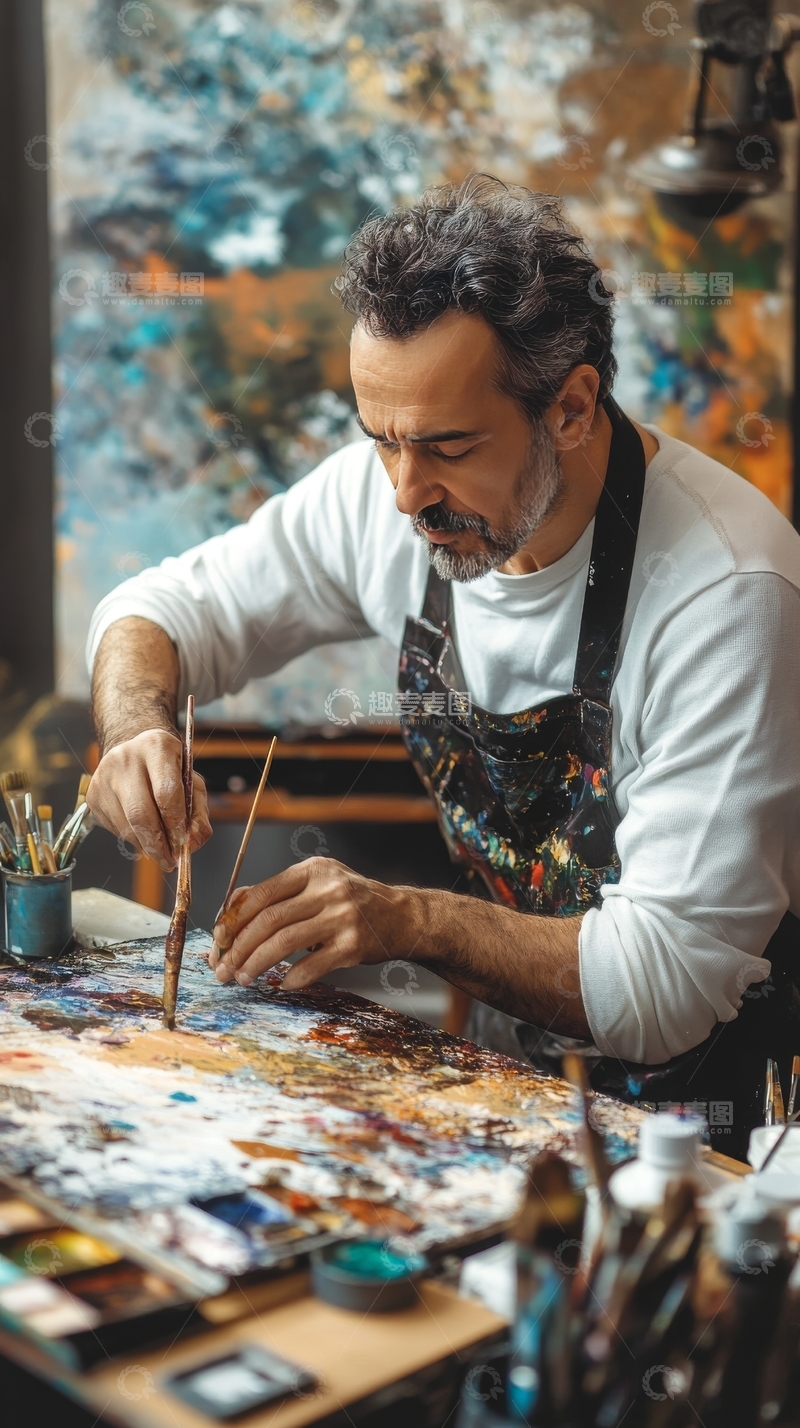 高清大图下载【趣麦麦图】画家专注创作，色彩斑斓的画室