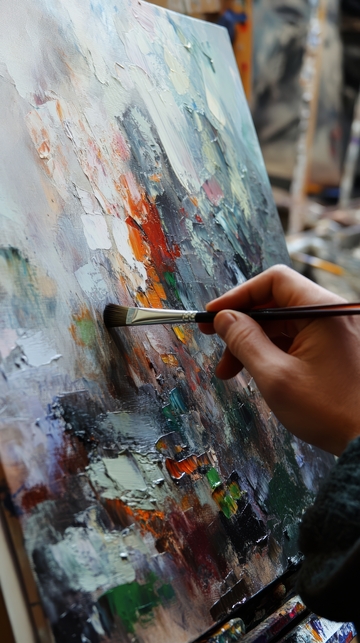 画家手持画笔在画布上创作