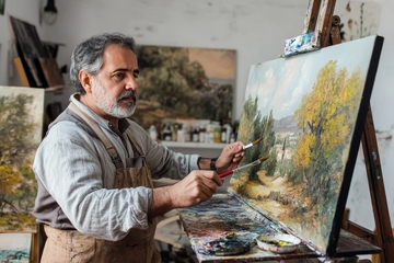 画家在工作室创作风景画