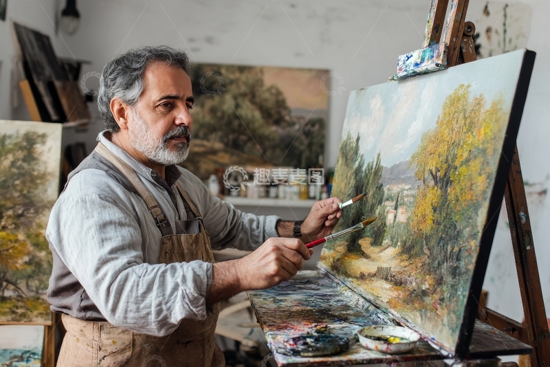 高清大图下载【趣麦麦图】画家在工作室创作风景画