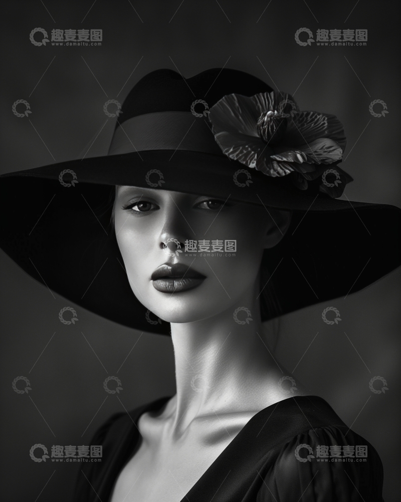 高清大图下载【趣麦麦图】黑帽女子的优雅肖像