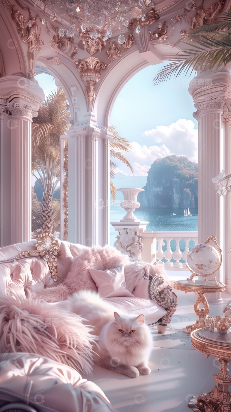 高清大图下载【趣麦麦图】奢华宫殿室内，猫咪悠闲躺卧