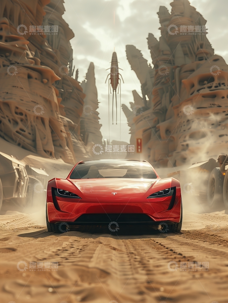 高清大图下载【趣麦麦图】红色跑车穿越沙漠奇景