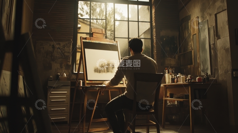 高清大图下载【趣麦麦图】画家在工作室专注创作