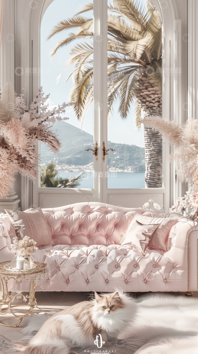 高清大图下载【趣麦麦图】奢华室内设计，窗外海景与棕榈树