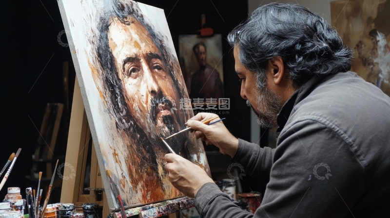 高清大图下载【趣麦麦图】画家专注创作肖像画