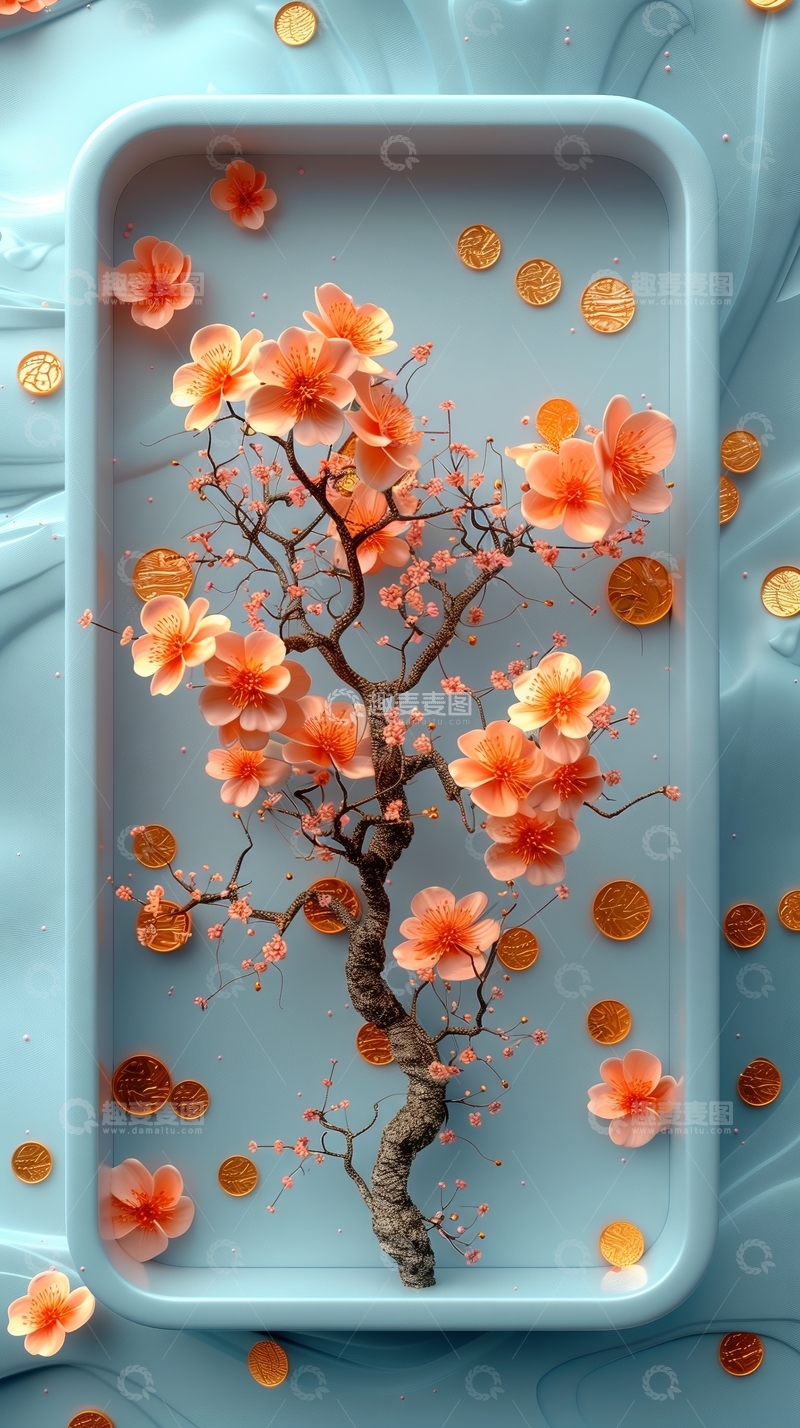 高清大图下载【趣麦麦图】盘中绽放的樱花艺术摆件