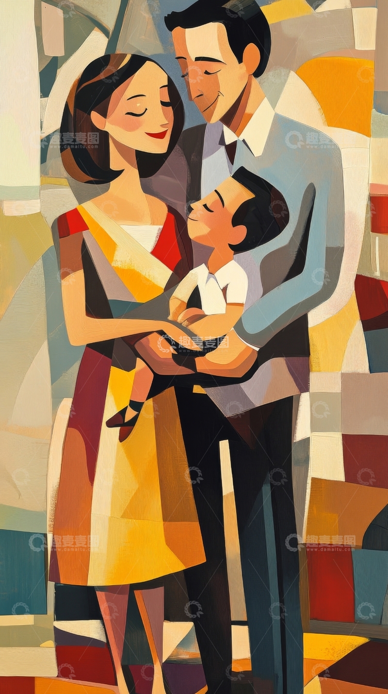 高清大图下载【趣麦麦图】温馨家庭拥抱的抽象艺术画