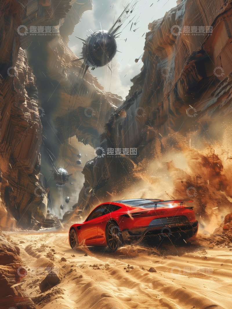 高清大图下载【趣麦麦图】沙漠峡谷中的红色跑车与神秘飞行器