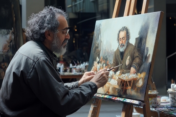 画家专注创作油画肖像