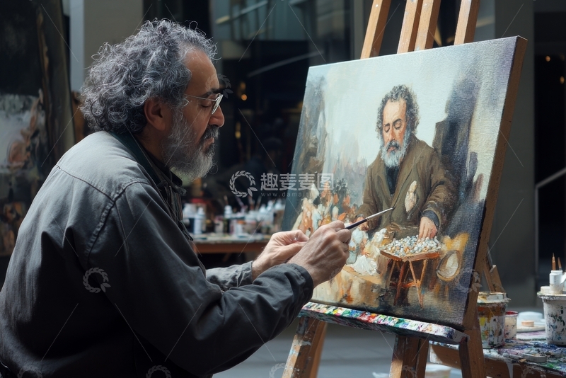 高清大图下载【趣麦麦图】画家专注创作油画肖像