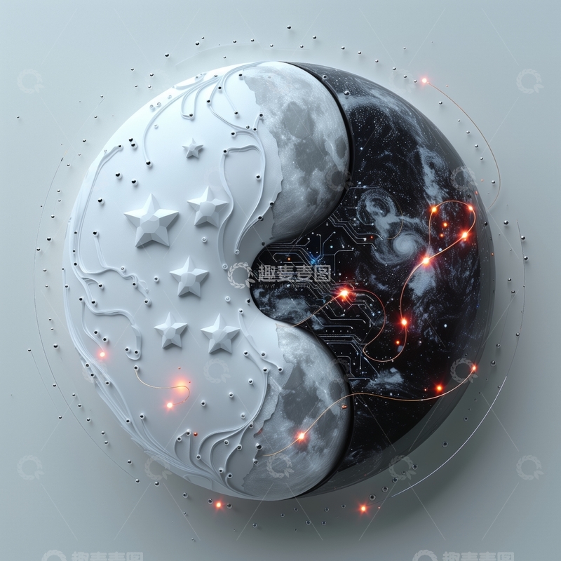 高清大图下载【趣麦麦图】阴阳符号与星空电路的融合艺术