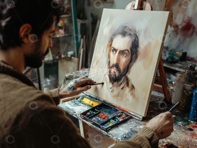 高清大图下载【趣麦麦图】画家专注创作肖像画