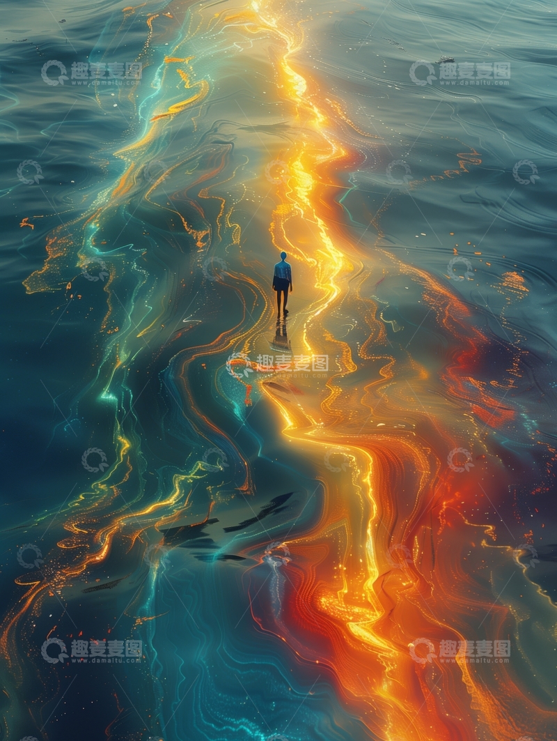 高清大图下载【趣麦麦图】色彩斑斓的海上光影与行人
