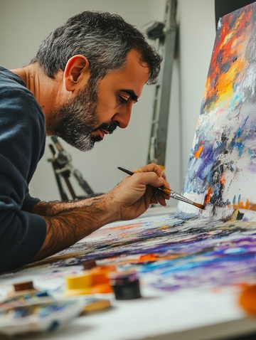 画家专注创作抽象画作