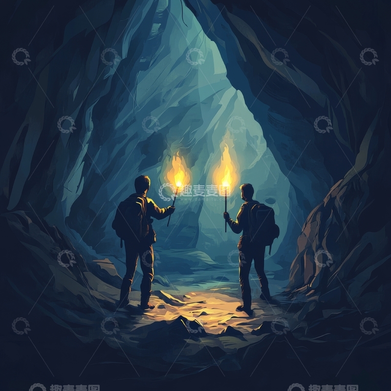 高清大图下载【趣麦麦图】探险者手持火把探索洞穴