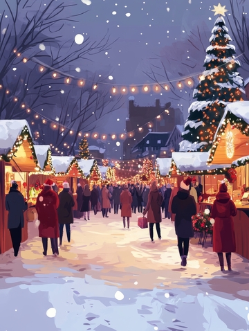冬夜圣诞集市的热闹场景